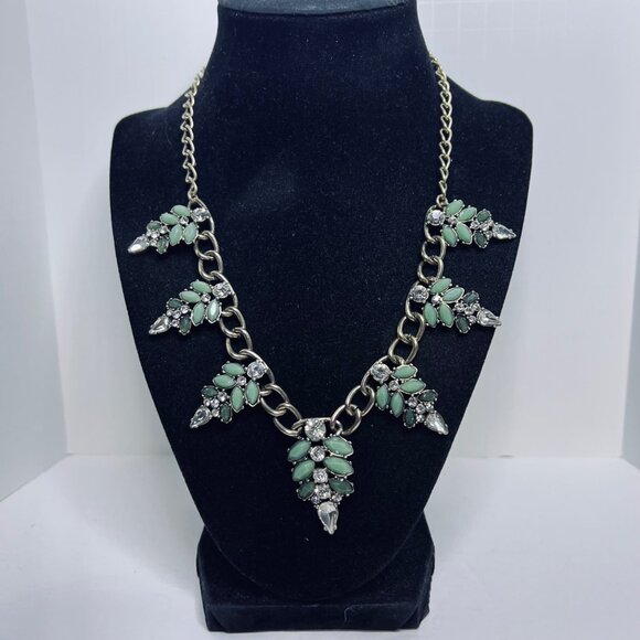 Gold Tone, Faceted Two Tone Green And Clear Rhinestone Statement Necklace (5554) - Picture 1 of 6